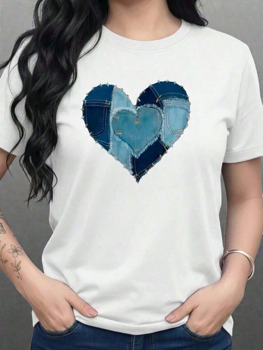 Women's Graphic T-Shirt Blouse, Casual Short-Sleeved Round Neck Basic Top With Heart Print, Faux Denim Style, Suitable For Everyday Wear, Day Or Night, Valentine's Day, Soft, Regular Fit, Comfortable, Cool, Lightweight, Modern, Youthful, Y2K Aesthetic - 白色的 - 查看 1