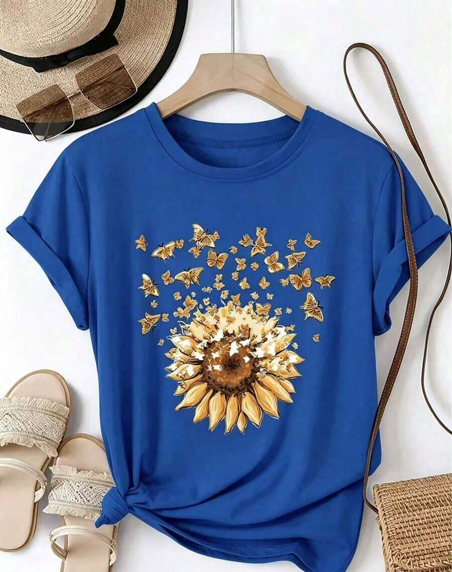 Casual T-Shirt With Sunflower Print - With Bow Design - Casual Round Neck, Short Sleeve, Spring/Summer T-Shirt - Unisex Loose Cotton T-Shirt With Short Sleeves And Urban Vintage Style Round Neck. - Azul - 查看 1