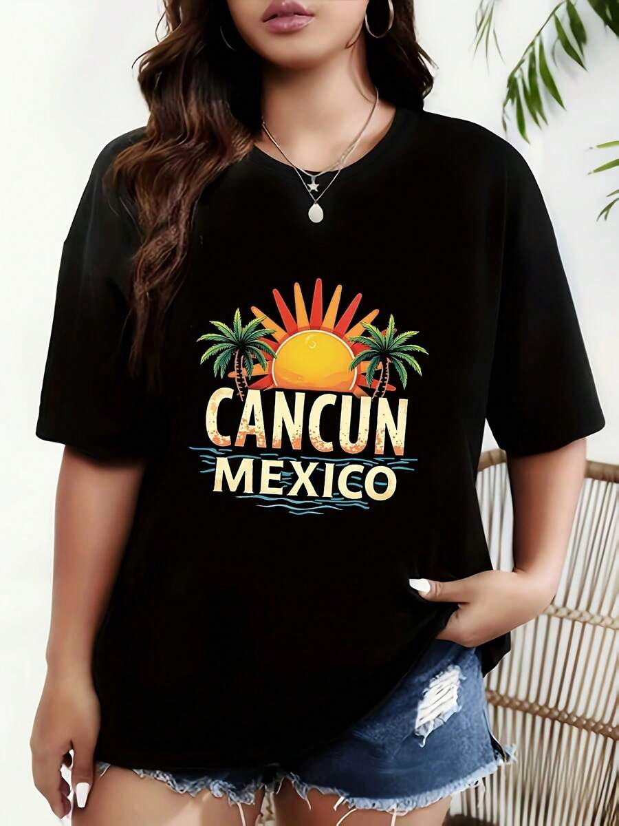 Camiseta de algodón puro para mujer, camiseta de ropa femenina, estampado con texto de Cancún, México, camiseta negra de manga corta con cuello redondo, estilo casual, ajuste cómodo, diseño moderno, versátil para uso diario, tela suave, estilo a la moda. - Negro - Ver 1