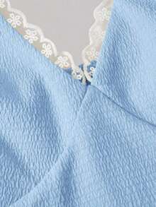 Blusa de cuello halter de unicolor con encaje de contraste para mujer - Azul - Ver 5