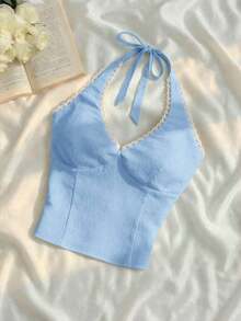Blusa de cuello halter de unicolor con encaje de contraste para mujer - Azul - Ver 8