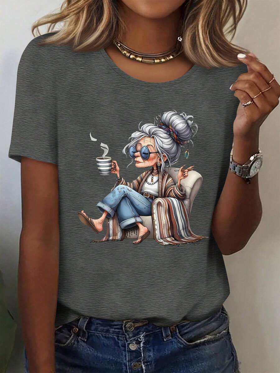 Top femenino manga corta cuello redondo en algodón puro, diseño estampado moderno, tela fresca y aireable, prenda versátil para look casual, ocasiones diarias y encuentros sociales todo el año - Gris Oscuro - Ver 1