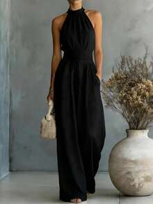 New Hit Jumpsuit For Women, Sleeveless, Halter Style, Loose And Wide Leg Cut, Fitted Waist, Flattering Design, Elegant, Perfect For Daytime Looks, Walks And Casual Occasions - 黑色 - 查看 3