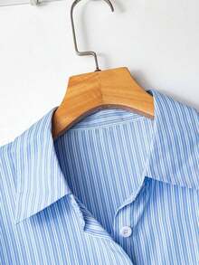 Camisa de mujer de un solo pecho a rayas, versátil y casual para uso diario - Azul 2 - Ver 4