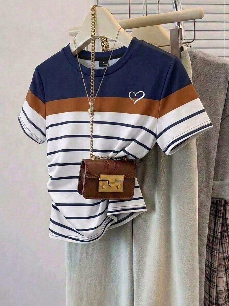 Camiseta holgada de cuello redondo y manga corta de estilo minimalista casual para mujer, con estampado de rayas, conjunto de ocio para mujer - Multicolor - Ver 1