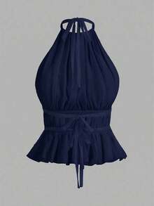 Top de tirantes sin espalda con cuello de halter y cintura anudada plisada para mujer - Azul marino - Ver 9