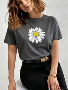 Camiseta informal de mujer de manga corta y cuello redondo con estampado de margaritas, versátil para el uso diario. - Gris Oscuro - Ver 1