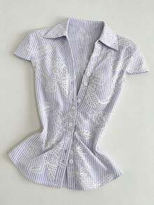 Camisa casual de manga corta con capucha, cintura ajustada con lazo delantero - Azul - Ver 4