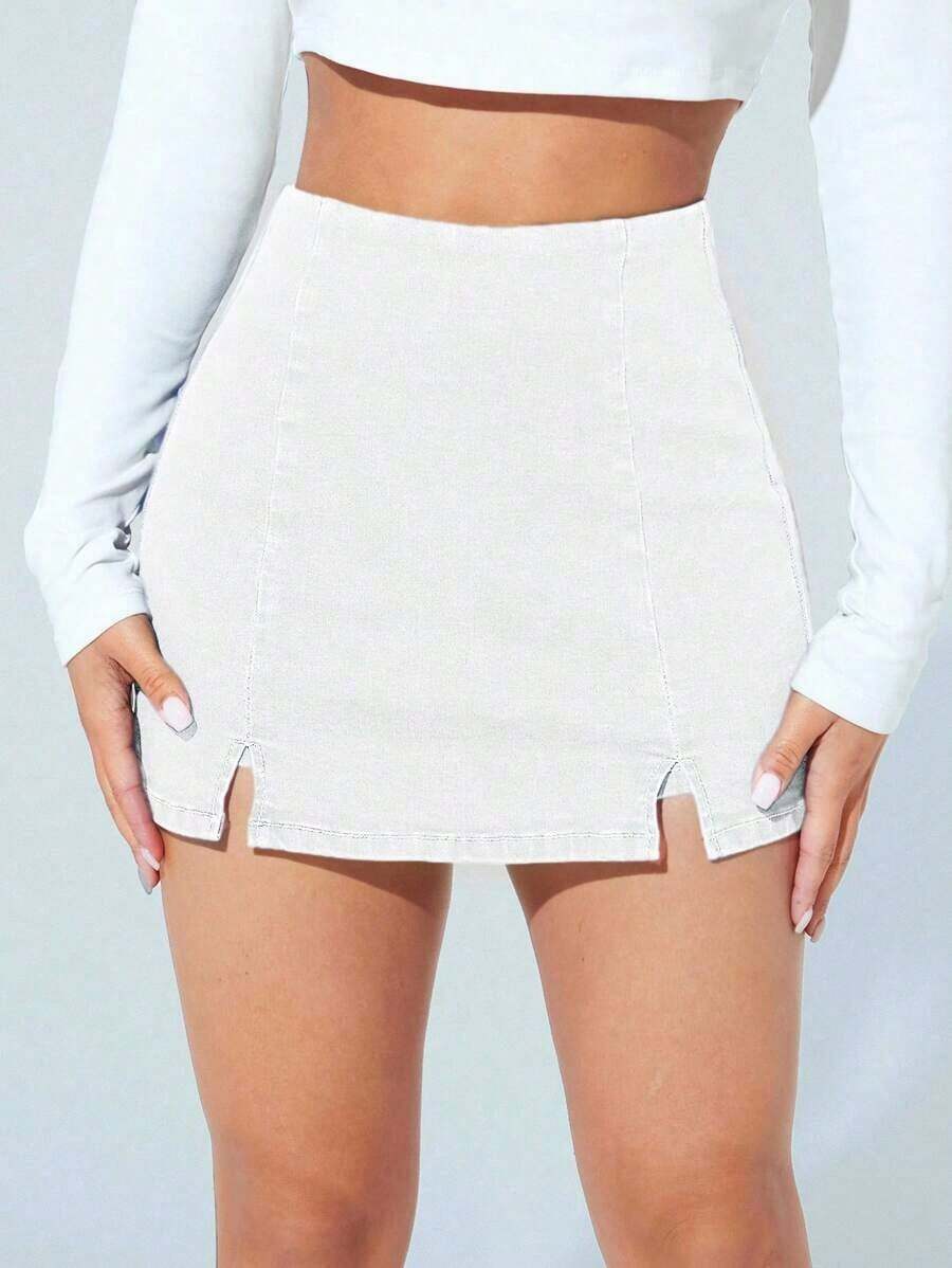 Falda pantalón informal de mezclilla con corte alto y dobladillo con doble abertura para mujer - Blanco - Ver 1