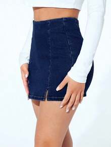 Falda pantalón informal de mezclilla con corte alto y dobladillo con doble abertura para mujer - Azul lavado oscuro 2 - Ver 3