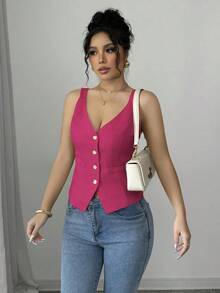 Camiseta sin mangas de un solo pecho de unicolor casual para mujer - Rosa Fucsia - Ver 4