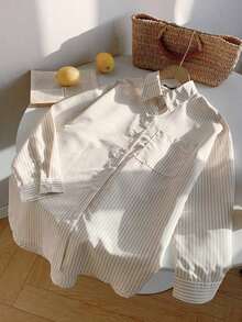 Camisa con estampado de rayas de hombros caídos - Albaricoque - Ver 5