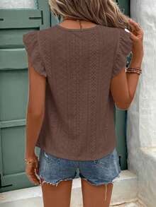 Frenchy Camiseta con cuello redondo y adorno de encaje con volantes y bordado de ojal - Marrón - Ver 3