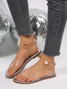 Giày sandal đế bằng hở mũi mùa hè mới, quai ngang mắt cá chân bằng kim loại đính ngọc trai trong suốt, thích hợp cho nữ đi biển hoặc du lịch. - Bạc - Xem 4