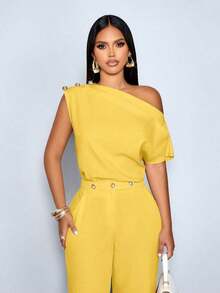 Blusa elegante de un solo hombro con botones metálicos, sin mangas, de unicolor, para uso en la oficina, citas, eventos y uso diario modesto - Amarillo - Ver 3