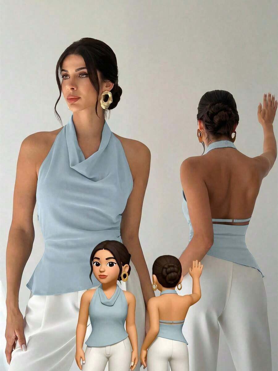 Camisa elegante de oficina para mujer, blusa asimétrica sin mangas con cuello halter y espalda descubierta, con botones decorativos ajustables, ajustada, negra, para oficina, ropa de primavera/verano, elegante, sexy - Celeste - Ver 1