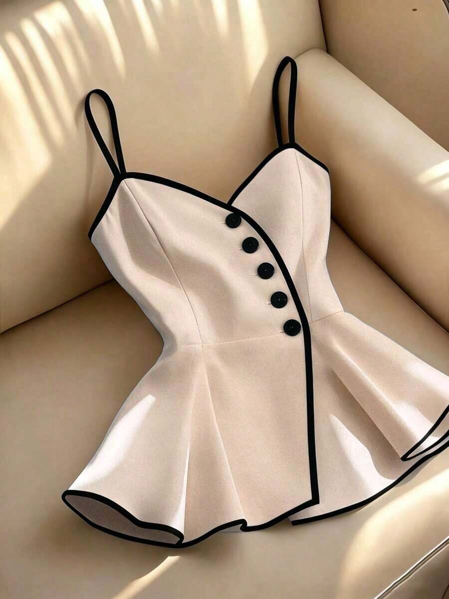 Camisa con botones, volantes y cinturón de unicolor negro y blanco con ribete en contraste, camiseta de tirantes, blusa, adecuada para uso diario, minimalista y elegante, para ir al trabajo, verano - Rosa - Ver 1
