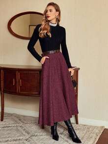 DECDS Falda elegante vintage para mujer con bolsillos y cinturón a cuadros, falda casual de vacaciones, falda gris de otoño, invierno y Navidad, falda para invitada de boda - Burdeos - Ver 7