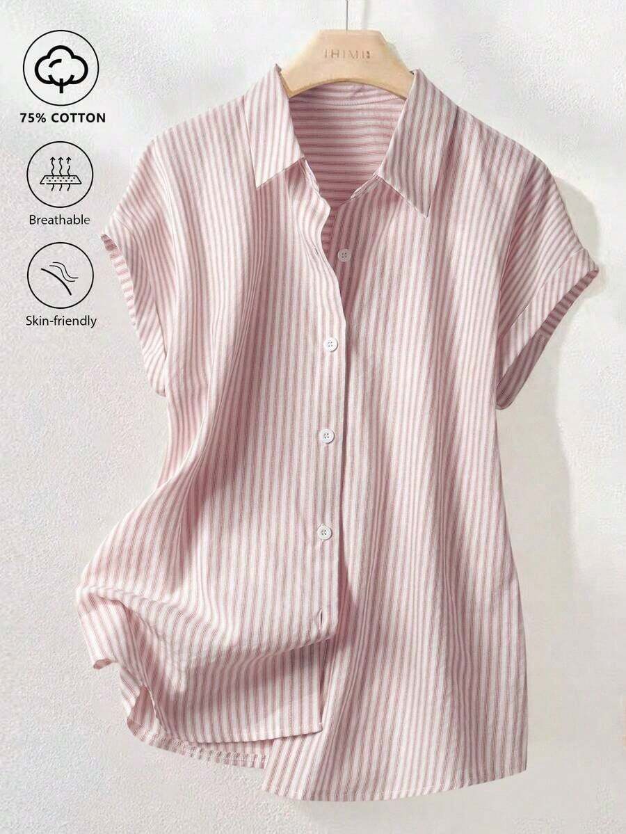 Camisa de manga corta a rayas vintage, de moda para ir al trabajo en verano - Rosa Pálido - Ver 1