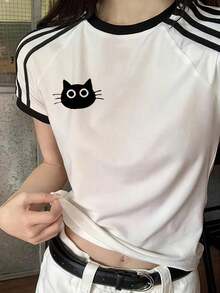 Camiseta de manga corta con estampado de gato de 4 rayas para mujer, top delgado casual blanco de verano - Blanco - Ver 5