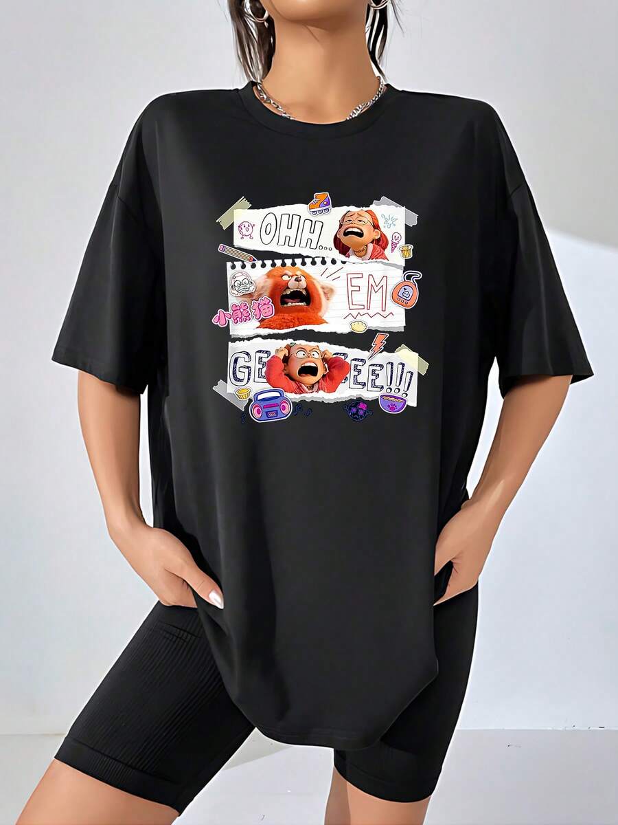 El estampado muestra una divertida expresión de sorpresa con ilustraciones coloridas que transmiten energía juvenil y buen humor ideal para un look casual moderno camiseta de mujer cómoda y suave para uso diario - Negro - Ver 1
