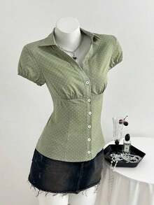 Camisa de mujer con cuello en V, cintura fruncida y manga corta, color blanco, para primavera/verano - Verde - Ver 4