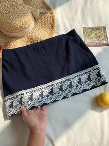 Falda corta de verano informal para mujer con cintura baja de unicolor - Azul marino - Ver 7