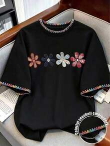 Camiseta de mujer de cuello redondo con estampado de contraste de color degradado de fresa, para verano - Negro - Ver 3