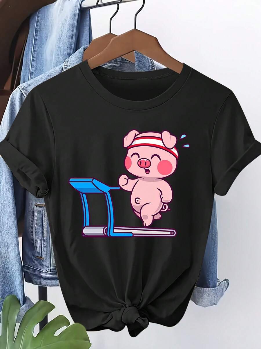 Women's Short Sleeve Gym T-Shirt With Pig Print - Soft And Breathable Crew Neck, Ideal For Spring, Summer And Autumn, Sizes S-XXL For Gym, Workout And Casual Wear - Machine Washable, Workout Sets And Everyday Tops - Black - View 1