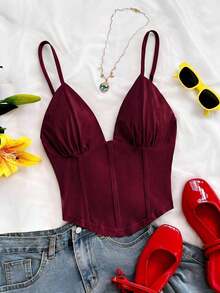 Camiseta sin mangas de punto rojo con escote en V y espalda cruzada, adecuada para citas, estilo bohemio, vacaciones, otoño, ropa de mujer, vintage, días festivos - Burdeos - Ver 3