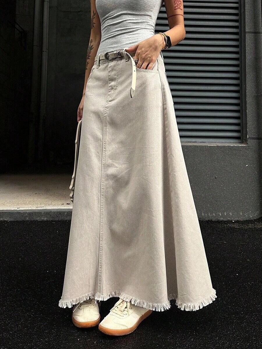 Falda vaquera holgada y casual con dobladillo deshilachado, otoño - Caqui - Ver 1