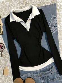 Blusa casual de manga larga con cuello de contraste y diseño 2 en 1 para mujer - Negro - Ver 3