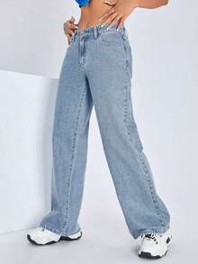 ICON Solid Color Wide Leg Pocket Jeans, Casual And Versatile - 淺色水洗 4 - 查看 4