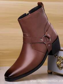 New Men's High Heel Leather Boots, Retro Western Cowboy Boots With Metal Buckle Strap And Side Zipper, Elevated Formal Boots, British Style - Brown - View 14