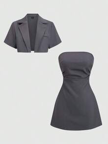 Conjunto de minivestido estilo francés, vestido de corpiño sexy para mujer - Gris Claro - Ver 9