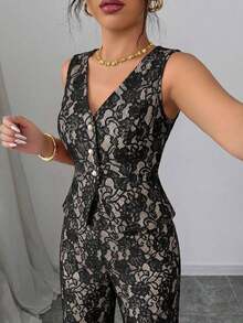 Elenzya Nuevo traje de encaje casual y elegante para mujer, con contraste de color de encaje y botones de perla, adecuado para el Día de San Valentín, Halloween, vuelta al colegio, primavera/verano, traje de oficina profesional, atuendo de maestra, trayecto, ocio, vacaciones - Caqui - Ver 5