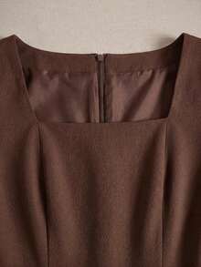 Vestido casual de línea A de manga corta con cuello cuadrado y perlas, unicolor elegante, adecuado para invitados, banquetes, cumpleaños, fiestas, verano/otoño, citas, ir al trabajo, estilo callejero, color albaricoque - Café integral - Ver 5