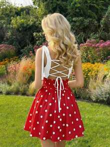 Vestido rosa romántico con espalda descubierta y lazo, adecuado para citas, fiestas, vacaciones, meriendas de té y ocasiones de cumpleaños - Rojo - Ver 8