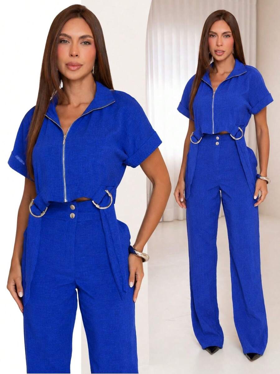 Women's Long Tailored Linen Set - Cropped Blouse And Pants - BLUE TIK LINEN - View 1
