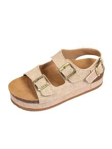 Adjustable Women's Woven Straw Pattern Sandals, Women's Double Strap Buckle Backstrap Open Toe Thick Bottom Casual Shoes, Platform Thick Bottom Sandals, Summer Holiday Style - Checkered Khaki - View 9
