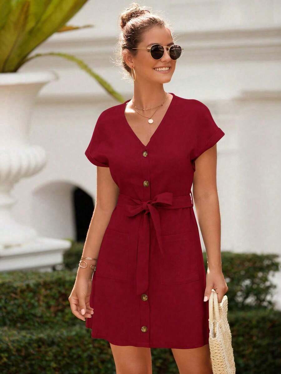 Vestido sencillo y diario para mujer con cinturón y unicolor para el verano - Rojo - Ver 1