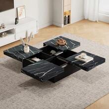 Modern White Square Coffee Table With Marble Look, 90 X 90 X 25 Cm – Four Drawers, Sliding Top, Load Capacity Up To 30 Kg. - Black - View 12
