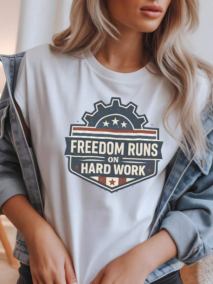 Camiseta Freedom Runs On Hard Work, camiseta patriótica de EE. UU. para trabajadores manuales. Camiseta unisex de algodón puro de 220 g. Peso ideal para todas las estaciones, apta para hombres y mujeres. Tejido duradero de alta calidad, suave al tacto y de larga duración. Camiseta transpirable. Adecuada para la primavera y el verano, vacaciones, Día de la Madre y Día de la Independencia. - Blanco - Ver 1