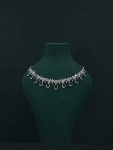 5pcs White Gold Plated Luxury Royal Style Water Drop Tassel Design Bridal Wedding Jewelry Set, Handset Green Cubic Zirconia, Including Necklace, Bracelet, Earrings, Ring, Suitable For Daily Wear And Wedding, Wedding Anniversary Gift (Deluxe Gift Box Packaging) Complimentary - Waterdrop Green Diamond Set - View 5