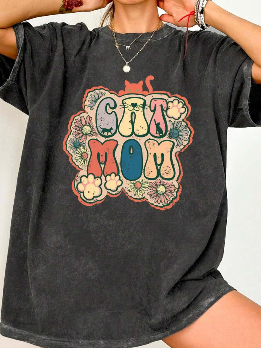 Camiseta con estampado vintage "Washed Cat Mom", camiseta de marca de moda vintage de alta calidad con estampado de cera, camiseta unisex, adecuada para uso diario, regalo para las fiestas, el obsequio perfecto.