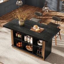 LITTLE TREE Kitchen Island With Storage, Counter Height Kitchen Island Table With 6 Open Cubbies And Footrests, Coffee Bar Table For Dining Room - Black and Brown - View 8