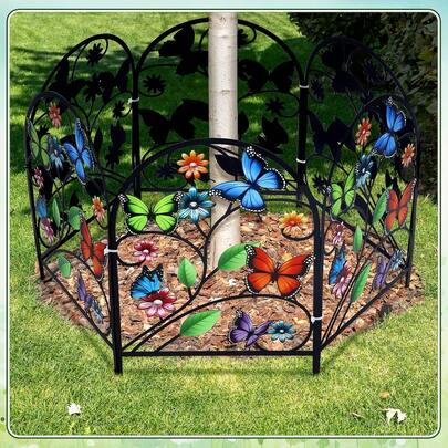 1pc 2D Printed Metal Garden Fence Decor, Flowers, Birds, Dragonflies, Butterflies, Outdoor Yard Lawn Gardening Small Fence, Garden Landscape Partition Fence