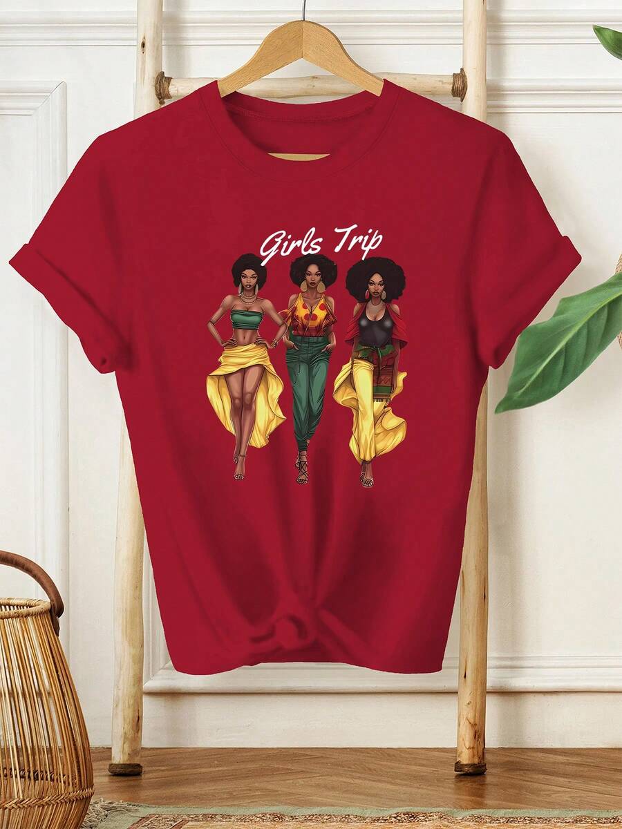 Gift Gift Gift Gift 1 Piece Plus Size, Three Stylish Female Cartoon Characters With The Text "Trip", New Women's Summer Short Sleeve T-Shirt, Casual Fashion Printed T-Shirt, Stylish Women's Clothing, Soft T-Shirts. Soft Soft - 紅色 - 查看 1