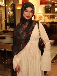 1pc Women's Scarf With Bohemian Floral, Watercolor, Marble, Ripple, Tie-Dye Prints, Suitable For Daily Wear - Black - View 3