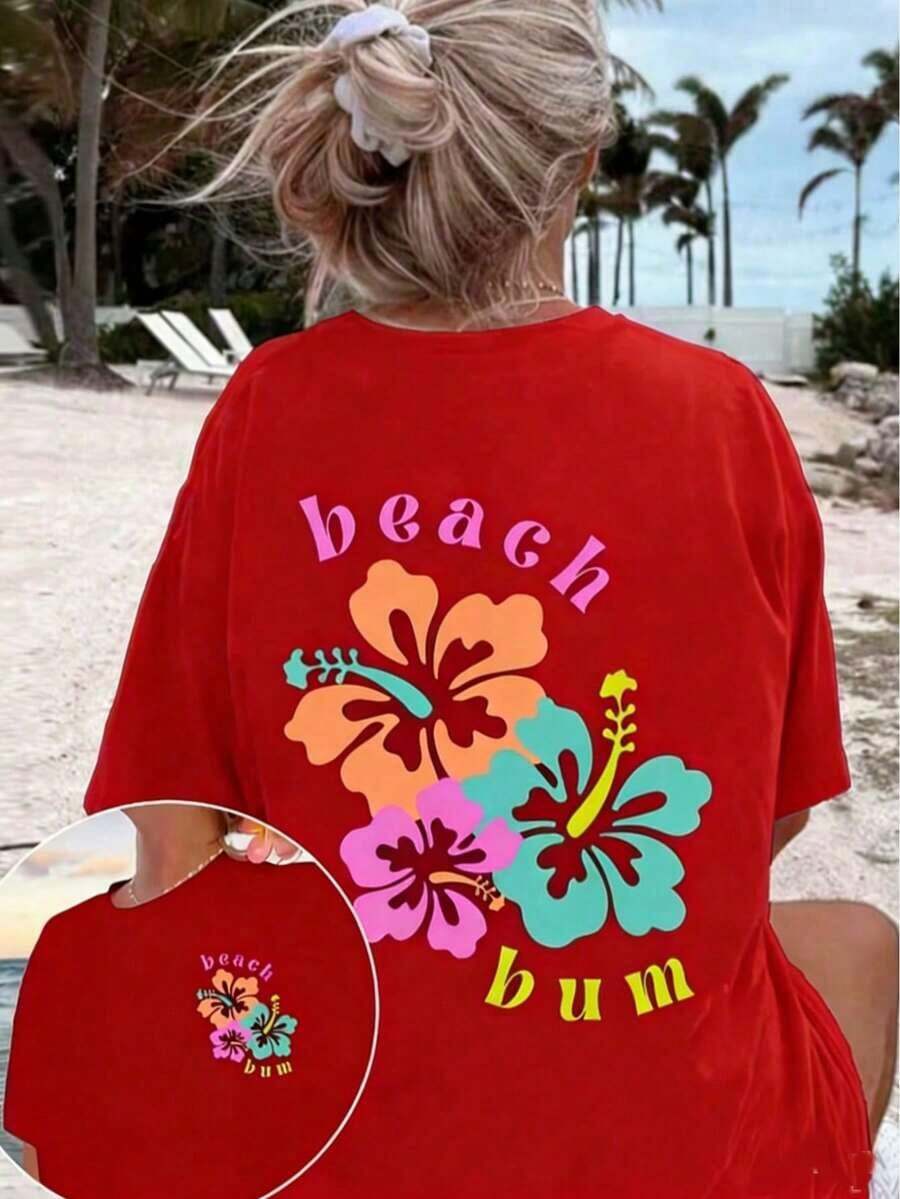 Vintage [Camiseta de Playa con Estampado Floral] Camiseta de Talla Grande para Mujer con Estampado Floral y Hombros Caídos | Camiseta casual de manga corta con cuello redondo y diseño "Beach Bum" - Tela pura, cómoda y transpirable para primavera y verano, camiseta de corte holgado, textura suave, estilo urbano, unisex, para primavera/verano/otoño, atuendo para el Día de San Valentín, atuendos de verano, Día de la Madre, camisas, camisas para mujer, playeras, playeras de mujer, vintage, atuendo de Pascua para mujer, tops de talla grande para el Día de la Madre en fiestas, moda.